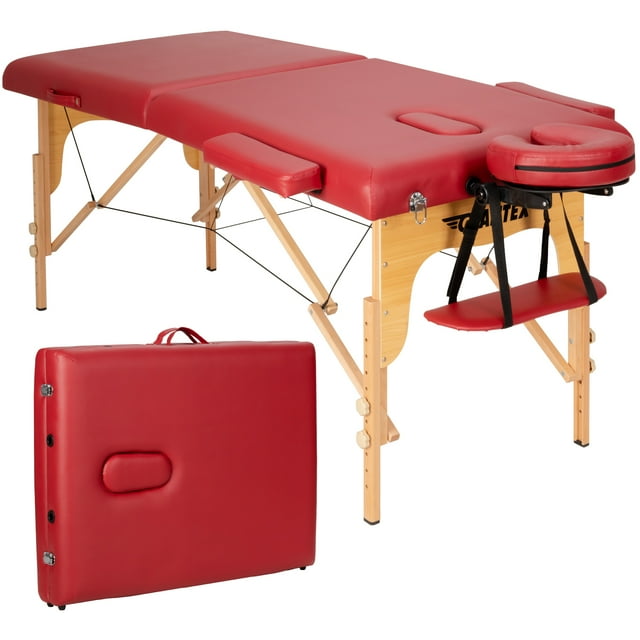 Patiojoy Portable Massage Table Adjustable Spa Bed Wooden Legs with Face Cradle & Carry Case Red