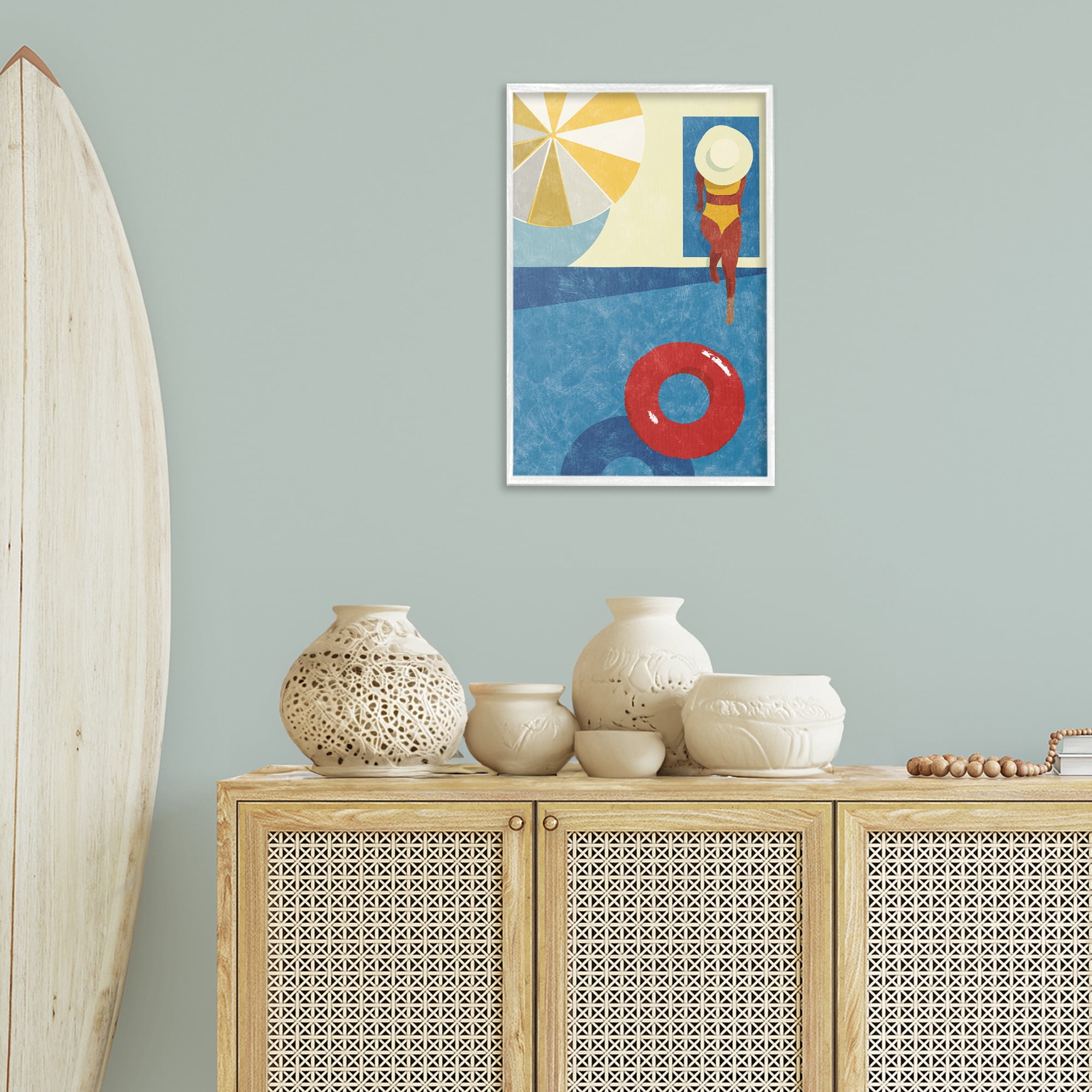Stupell Industries Summer Poolside Girl Novelty Painting White Framed Art Print Wall Art, 16 x 24