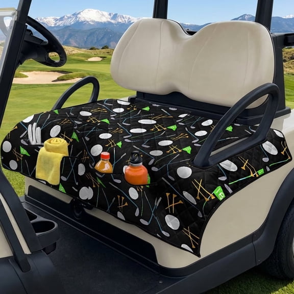 Xoenoiee Black Golf Print Golf Cart Seat Covers, Golf Cart Seat Towel Blanket with 4 Front Pockets & Nonskid Bottom Fits for EZGO and More 2 Person Seats Golf Carts