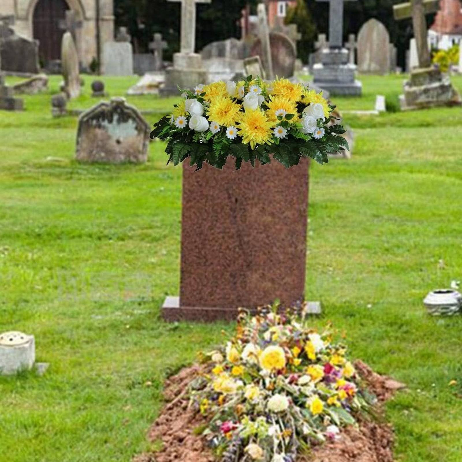 Cemetery Headstone Flower Saddle, Artificial Cemetery Flowers,Outdoor Artificial Floral Headstone Saddle, Bouquets & Cemetery Saddle For Outdoor Memorials,White,25.2x18.5"
