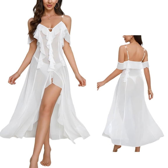 Noric Women's V-Neck Ruffle Strap Nightgowns Sheer Mesh Backless Sleep Dresses Sleepwear Soft Flowy Nightdress