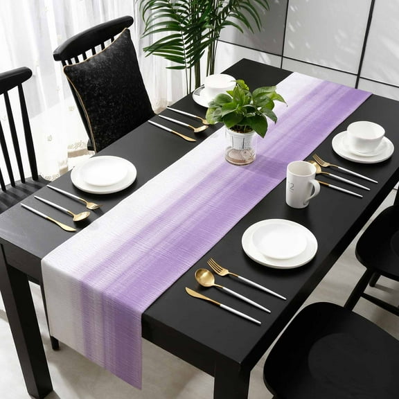 Purple White Ombre Cotton Linen Table Runner 13 x 90 inch Modern Romantic Gradient Stripes Non-slip Rectangular Dining Table Decor for Wedding Party Holiday Dinner