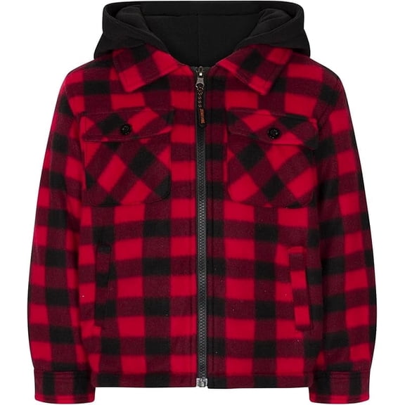 TrailCrest by Treel Kids Hooded Fleece Jacket – Warm Zip Up Plaid Coat with Pockets, Checkered Winter Outerwear, Red & Black Plaid, 3T