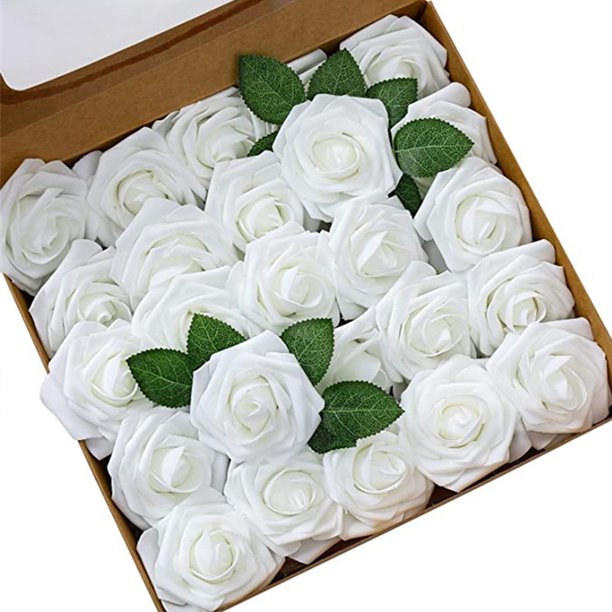 Rosa artificial de espuma de PE blanca, rosa de simulación falsa con hoja y tallo