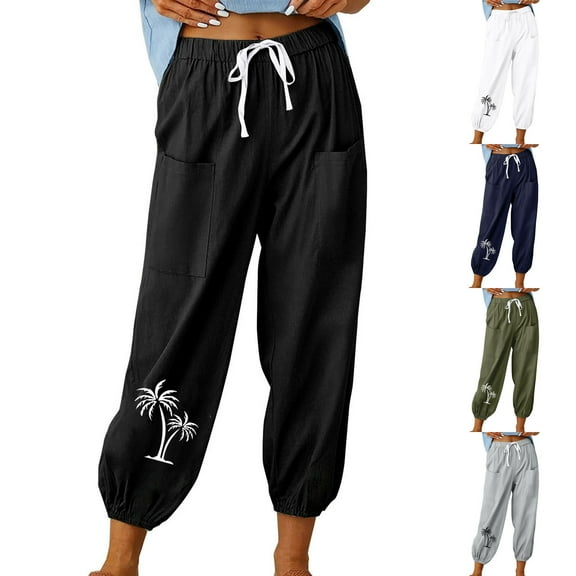 QATAINLAV Women's Lightweight Cotton Linen Beach Pants Fashion Palm Trees Print Capri Pants Casual Drawstring High Waisted Cropped Trousers with Pockets Army Green XXL Back to College Sales