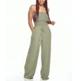 thumbnail image 3 of Mrat Pants for Women Jumpsuit Bandeau Strapless Elastic Waist Drawstring Rompers Wide Leg Jumpsuit Rompers with Pockets Loose Sleeveless Trousers Green S, 3 of 6