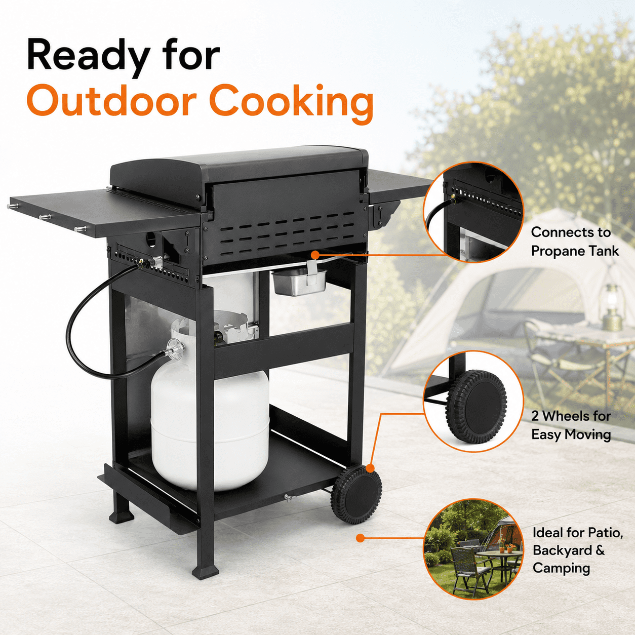 Enyopro 3 Burner Propane Gas Grill, Stainless Steel 36900BTU Barbecue Grill with Two Foldable Shelves, Cleaning Brush, 2 Wheels for Outdoor Cooking, for Patio Backyard and Camping
