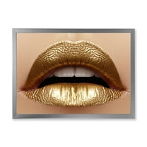 Designart 'Close Up of Woman Plump Lips With Golden Lipstick' Modern Framed Art Print
