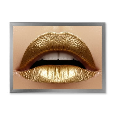 Designart 'Close Up of Woman Plump Lips With Golden Lipstick' Modern Framed Art Print