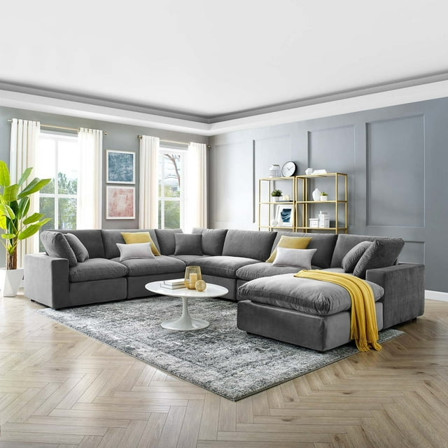 Modway Commix Sectionnel 7 Pcs Surrempli en Velours de Performance Garni de Duvet, Gris