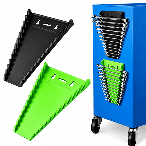 HUO Songmiao Magnetic Wrench Organizer, 2 Pack Tool Holder Rack with 12 Slots, SAE & Metric Compatible for Toolbox, Garage and Workshop Storage