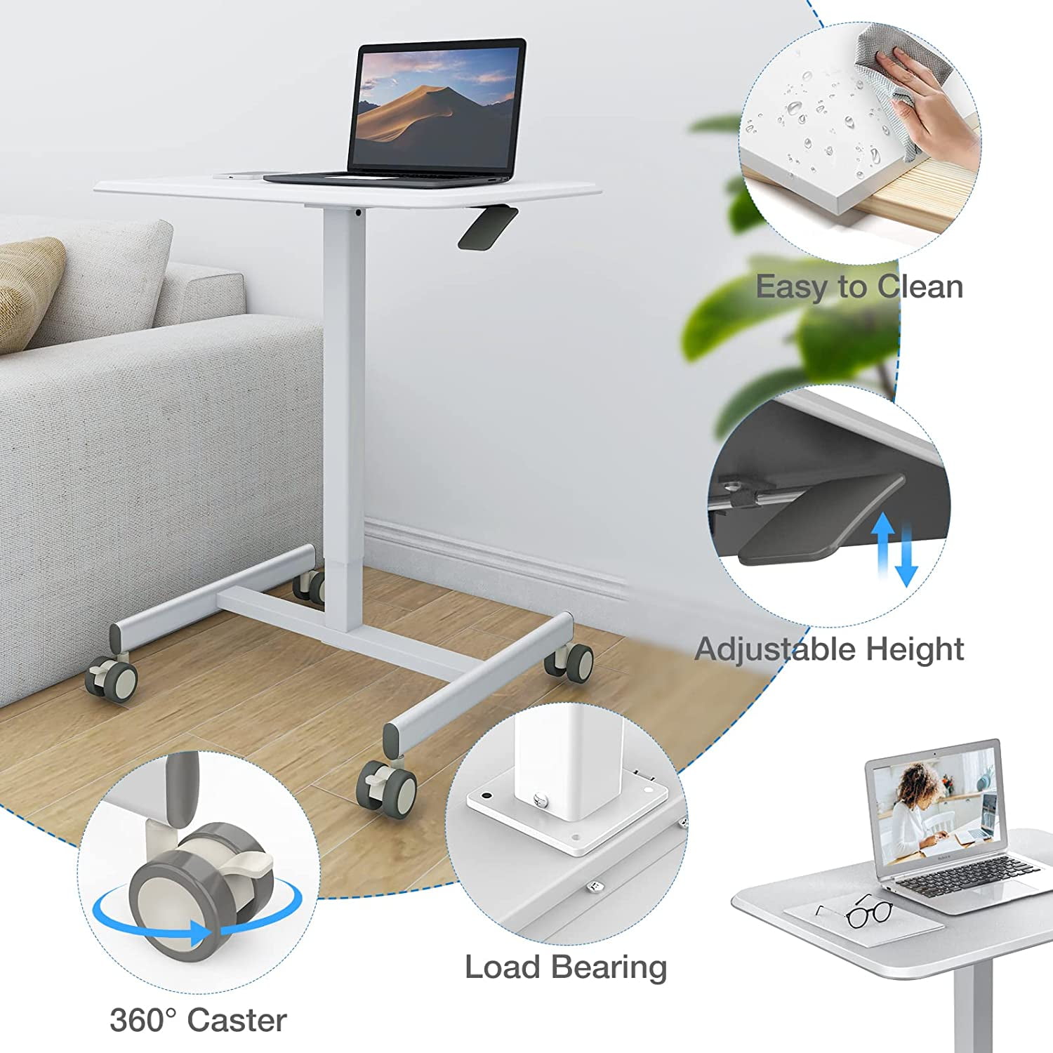 Small Standing Desk, Mobile Stand up Desks with Lockable Wheels, Adjustable Height, 26 Inch Portable Rolling Laptop Computer Desks for Home, White