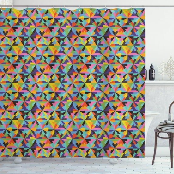 Geometric Shower Curtain, Tangled Design of Colorful Triangular Shapes Grunge Effect Contemporary Artwork, Fabric Bathroom Set with Hooks, 69W X 75L Inches Long, Multicolor, by Ambesonne