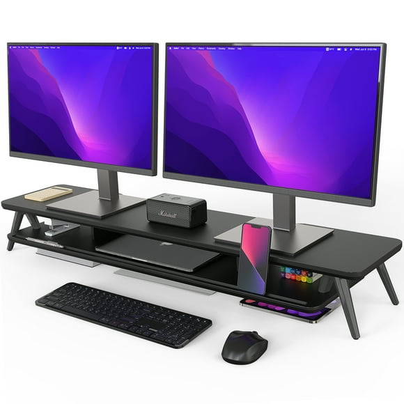 Fenge Dual Monitor Stand, Monitor Stands Riser for 2 Monitors, 42.5 Inch Wood Desk Shelf with Storage Organizer and Cable Management for Office Desk Accessories,Black