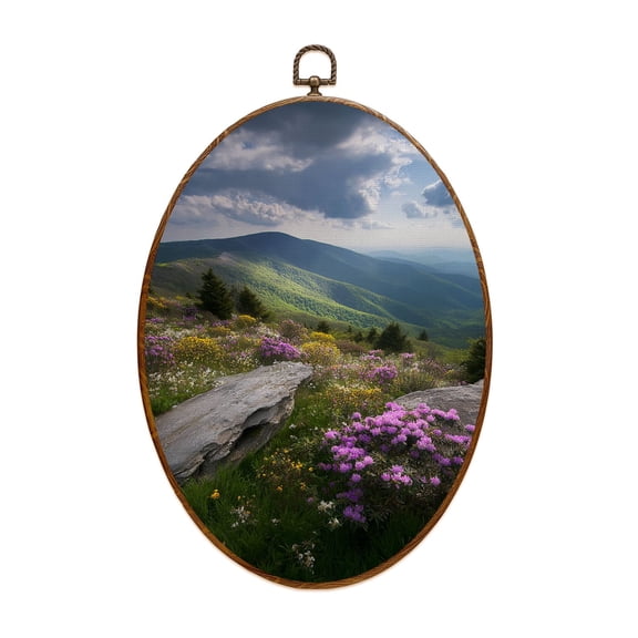 Canvas Wall Art Mountain Floral Appalachian Trail Roan Mountains Rhododendron Bloom Blue Ridge Oval Framed Canvas Prints Vintage Wall Hanging Decor for Home Decorations 8.6"x11.4"