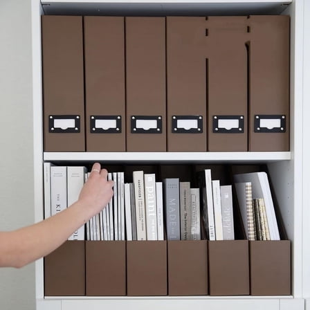 Set of 6 Foldable Brown Magazine File Holders with Brown Leather Label Holders – Elegant Magazine Storage Containers & Desk Organizer for Office