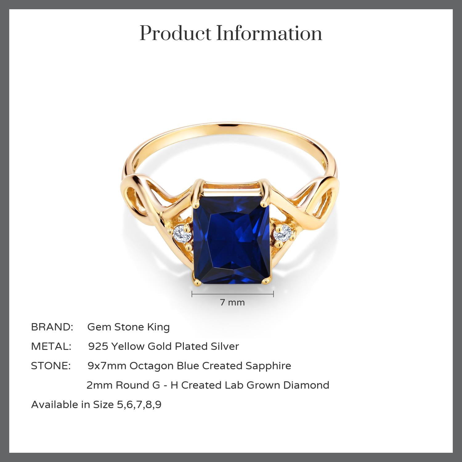 3-Stone Ring for Women | 18K Yellow Gold Plated Silver | 9X7MM Emerald Cut Gemstone Birthstone & Lab Grown Diamond | Wedding Anniversary Engagement Ring | Size 5-9 | Created Sapphire| 8