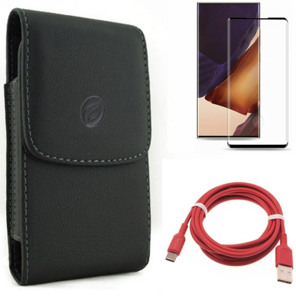 Case Belt Clip & Screen Protector & 6ft USB-C Cable for Samsung Galaxy Note 20 Ultra (6.9") - Combo with Leather Holster & Tempered Glass (Fingerprint Unlock) & Red Charger Cord