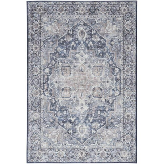 6 x 9 ft. Floral Power Loom Distressed Washable Area Rug, Blue & Pink