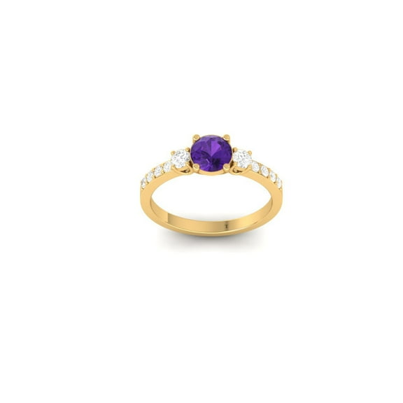 Amethyst Round Cut and Moissanite Engagement Ring, Three Stone Design, 14K Yellow Gold Plated