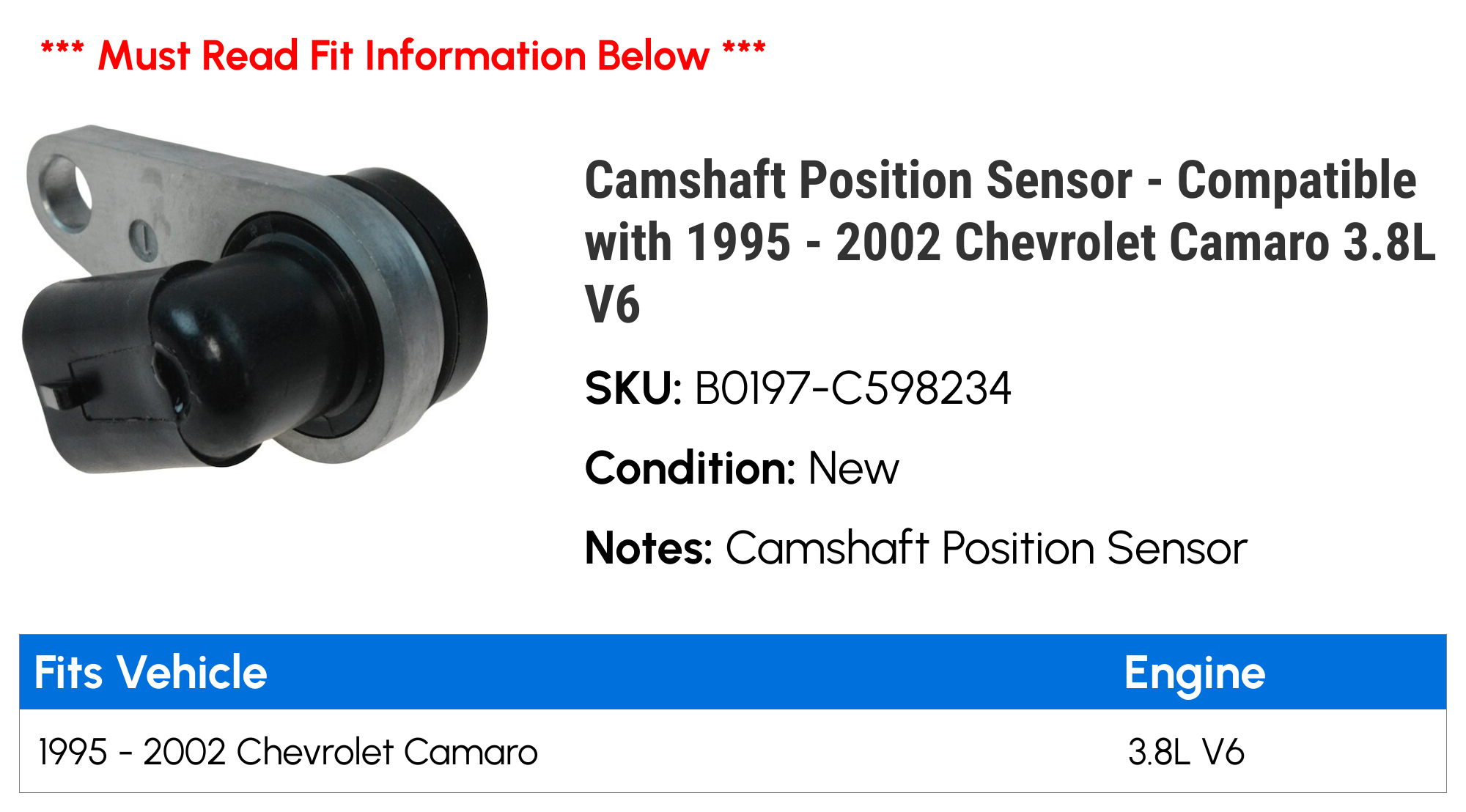 Camshaft Position Sensor - Compatible with 1995 - 2002 Chevy Camaro 3.8L V6 1996 1997 1998 1999 2000 2001 - image 2 of 2