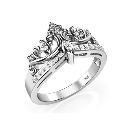 24k Princess Ring - Sz 7 Sterling Silver Cubic Zirconia Princess Crown Tiara CZ Band Ring