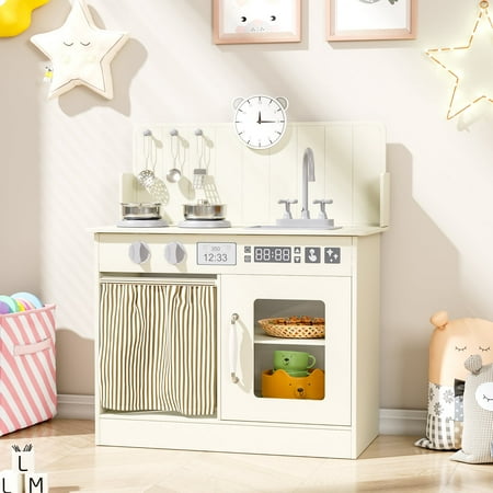 Pirecart Wooden Kids Play Kitchen, Toddler Kitchen Playset with Simulated Gas Tray, Clicking Knobs, Sink, Faucet, 6 Pcs Cookware and Storage Space, Cream