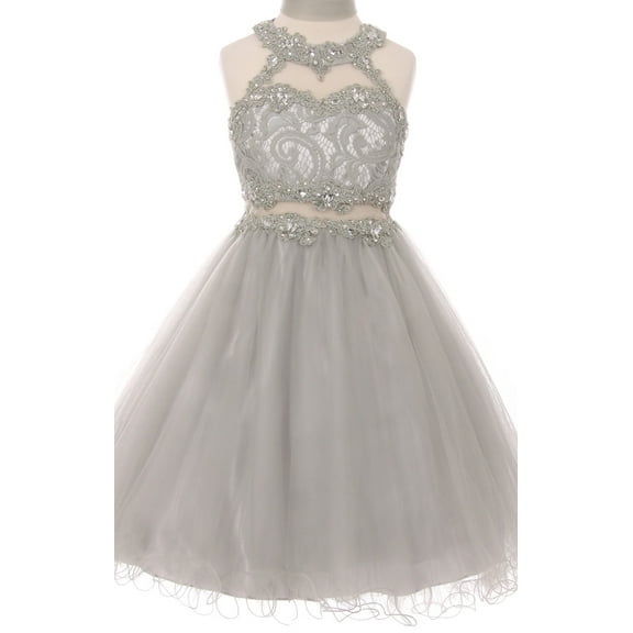 Big Girls' Sparkle Rhinestones Halter Lace Junior Bridesmaid Pageant Flower Girl Dress Silver 12 (C50C40C)