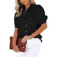 thumbnail image 4 of Xdegoge Button Down Shirt for Women Collared V Neck Puff Short Sleeve Western Casual Regular Fit Single Pocket Solid Texture Soft Durable Summer Spring Tops Work office Wear, 4 of 6