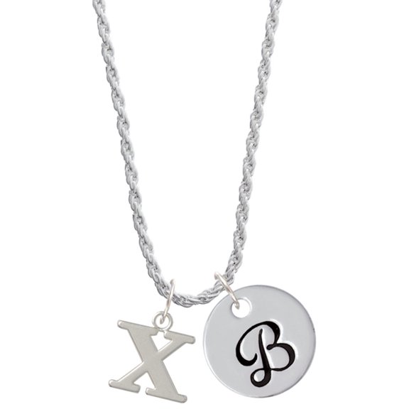 Delight Jewelry Silvertone Large Initial - X - Silvertone Script Initial Disc - B - Charm Necklace, 20"+3"