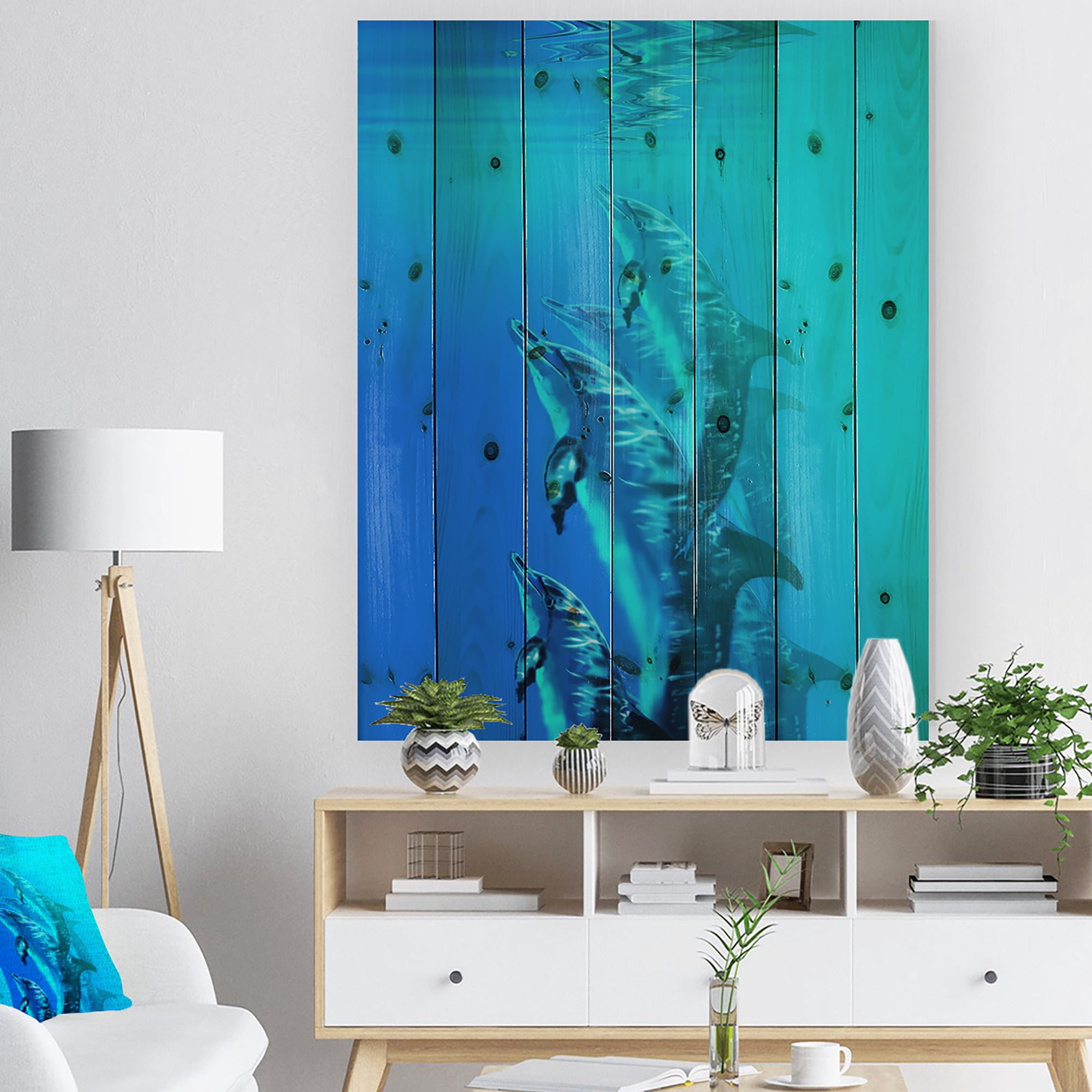 Designart 'Dolphin in Blue Sea' Seascape Print on Natural Pine Wood