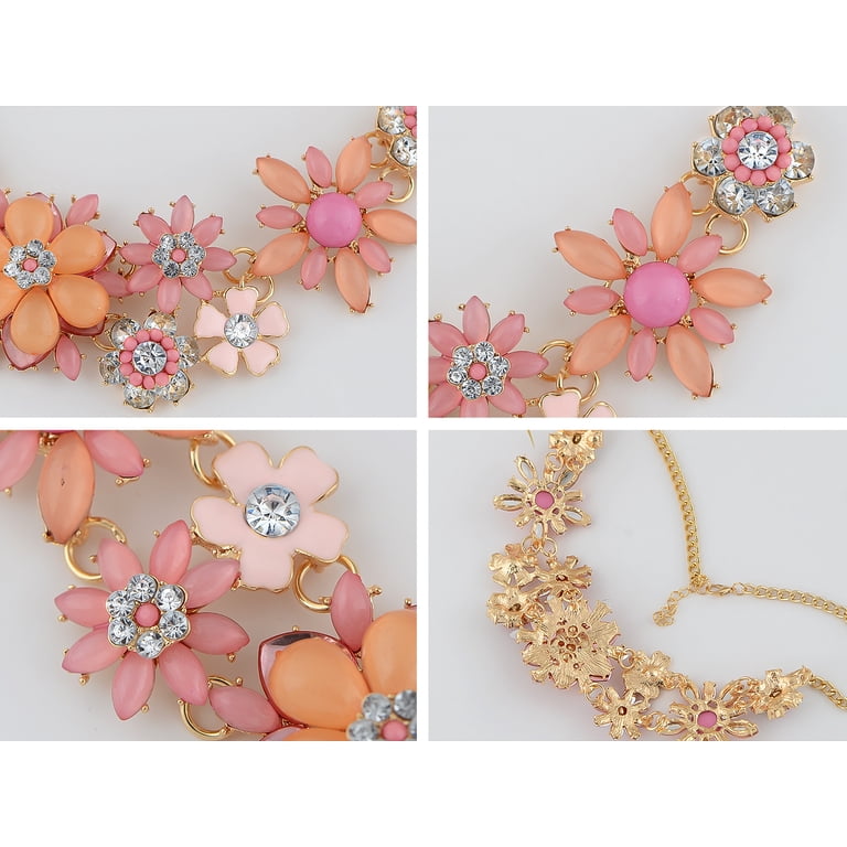 Flower Cluster Rhinestone Chunky Necklace Hawaiian Statement
