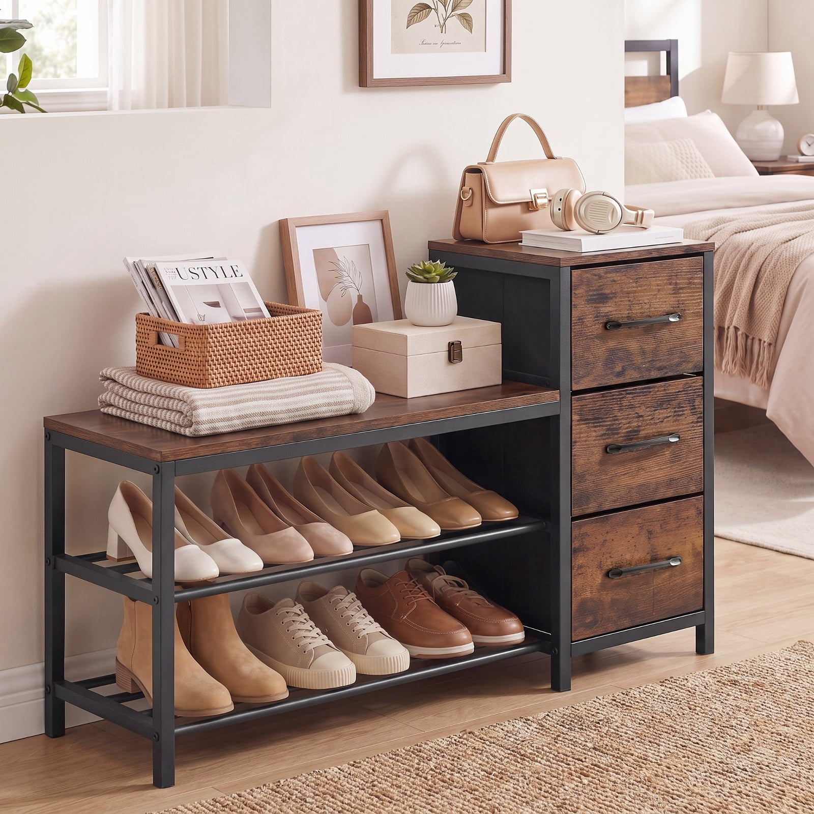 Furnibear 3 Tier Industrial Shoe Bench with 3 Removable Fabric Drawers and Anti Toppling Kits for Entryway Shoe Storage, Rustic Brown