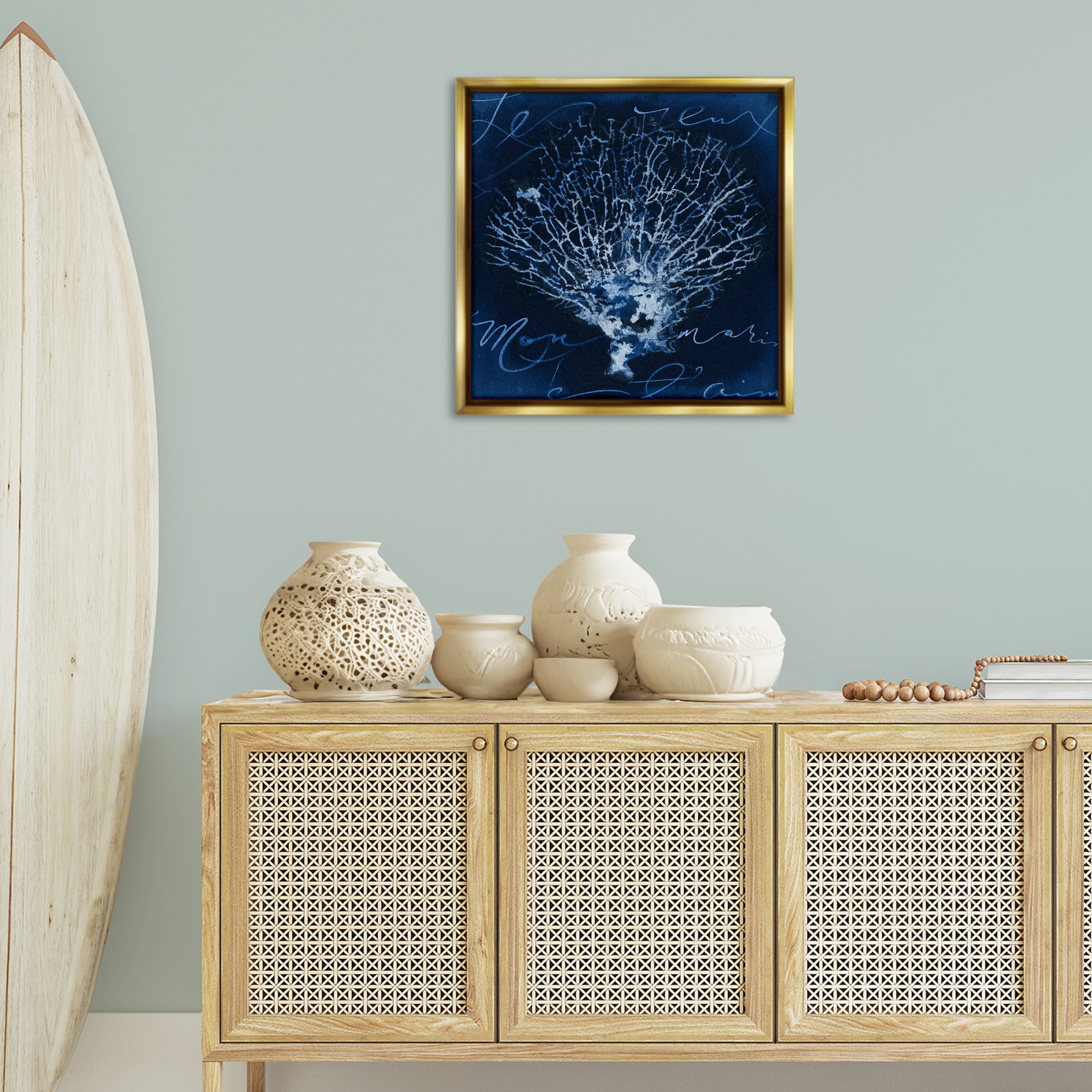 Stupell Industries Vintage Marine Life Coastal Painting Gold Floater Framed Canvas Art Print Wall Art, 25 x 25
