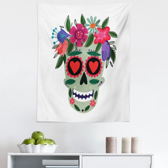 Sugar Skull Tapestry, Smiling Skull Wearing Floral Wreath Image Mexican Tradition Concept, Fabric Wall Hanging Decor for Bedroom Living Room Dorm, 5 Sizes, Multicolor, by Ambesonne