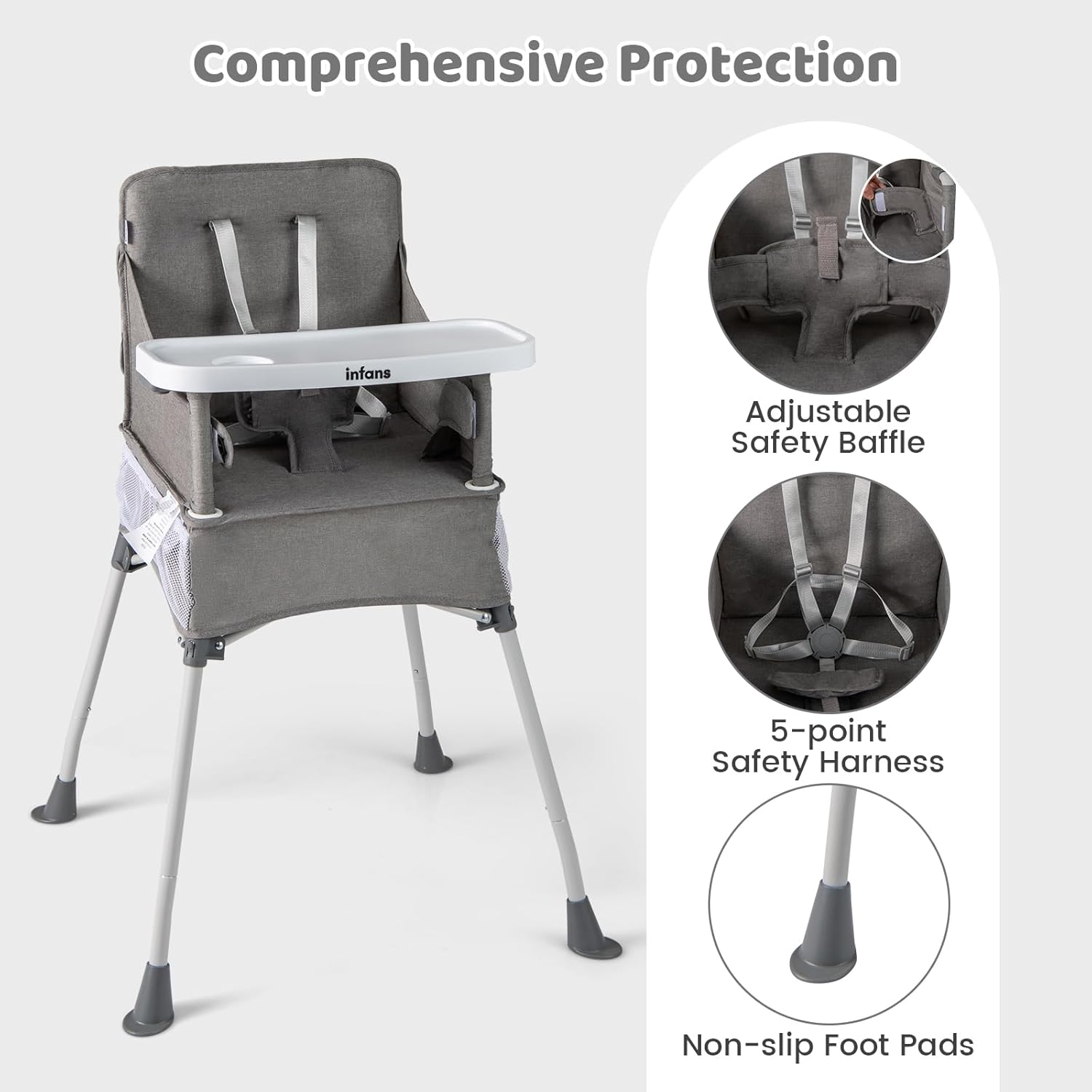 INFANS Baby High Chair, Foldable Portable Highchair for Babies and Toddlers with Travel Bag Adjustable Tray, 5 Point Harness, Compact Space Saver Infant Feeding Chair for Age 6-36 Months