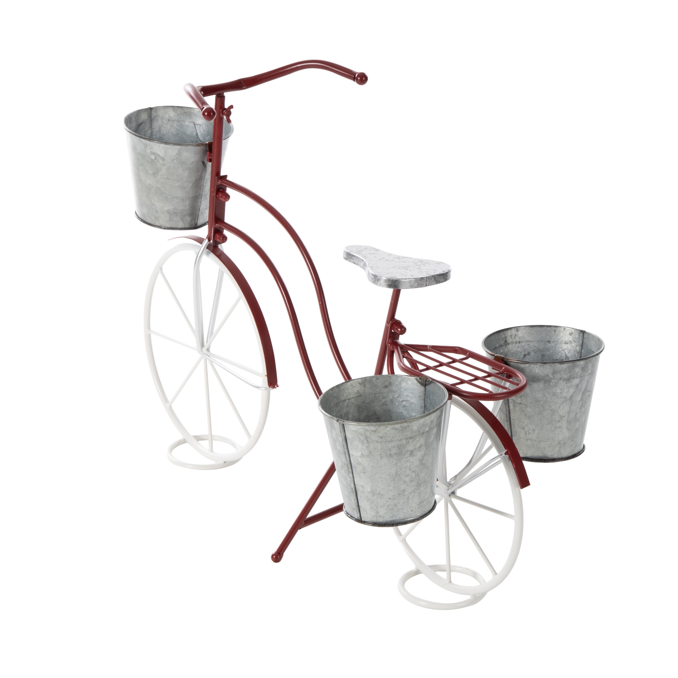 DecMode 31" x 15" x 23" Silver Metal Bike Plantstand with Basket and Saddle Bag Planters