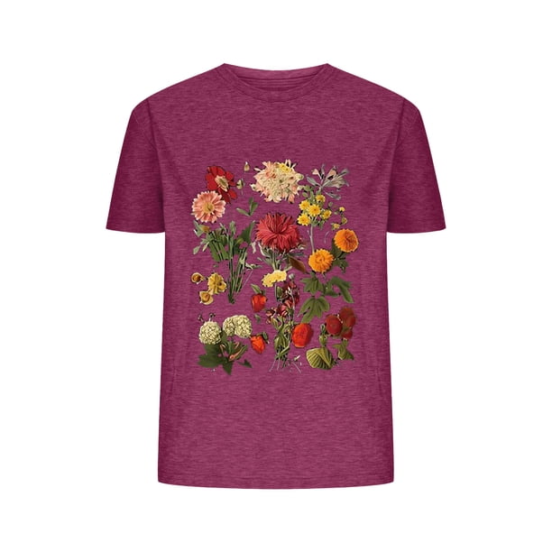 Blusas de Verano de las Mujeres Flor Impresa Cuello Redondo Manga Corta Superior, Verano Superior de las Mujeres