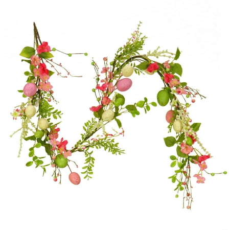 5 ft. Artificial Spring Garland, Vine Stem Base, Decorated with Pastel Eggs, Pink Flowers