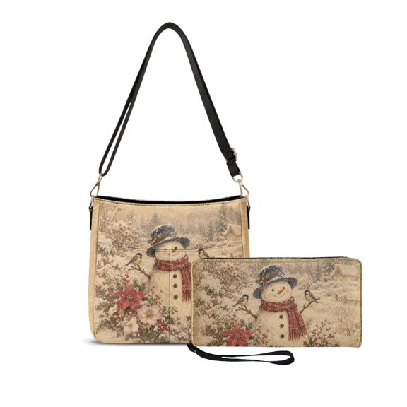 DISNIMO Santa Claus Print Bucket Totes Set Christmas Tree Purses Set 2 Pcs with 2 Front Pocket, Portable Handbag and Wallet Set Pu Leather, Gift for Mom Wife, Pu Leather Waterproof Hobo Bag for Party