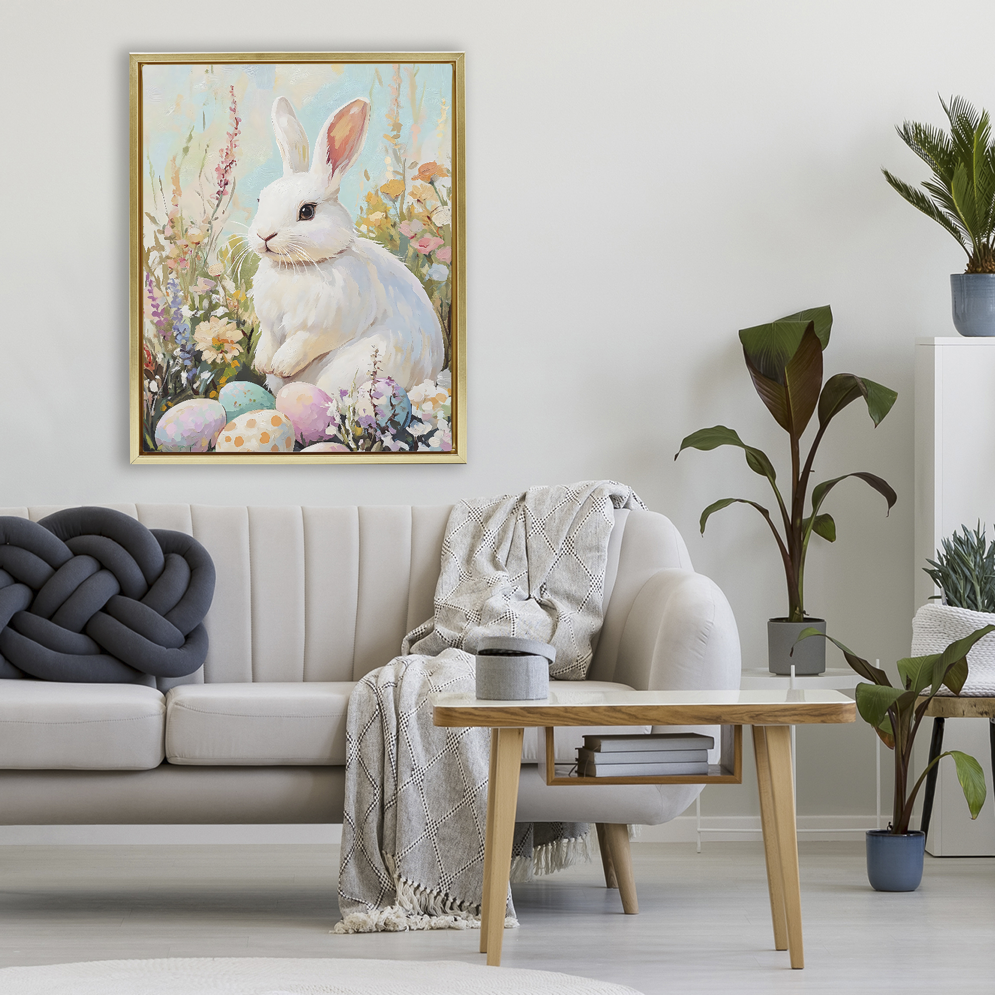 Stupell Industries White Easter Bunny in Wildflowers Gold Framed Floater Canvas Wall Art, design by The Prints Vibe
