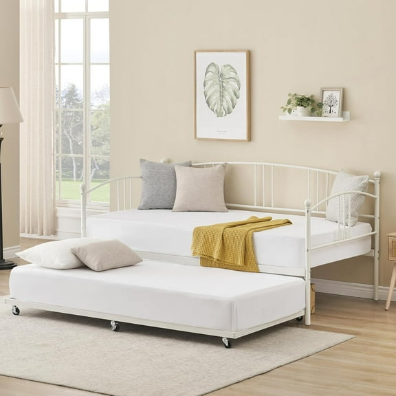 Daybed with Trundle, Twin Metal Bed Frame, Pull-Out Trundle, Modern Space Saving, No Box Spring, White