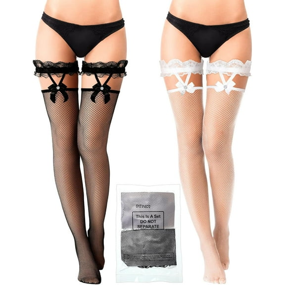 Lace Top Fishnet Stockings Bow Suspenders Thigh High Stockings Mesh Hold up Stockings for Women2 Pairs