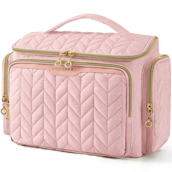 BAGSMART Travel Toiletry Bag, Large Wide-open Travel Bag for Toiletries, Makeup Cosmetic Travel Bag with Handle, Pink
