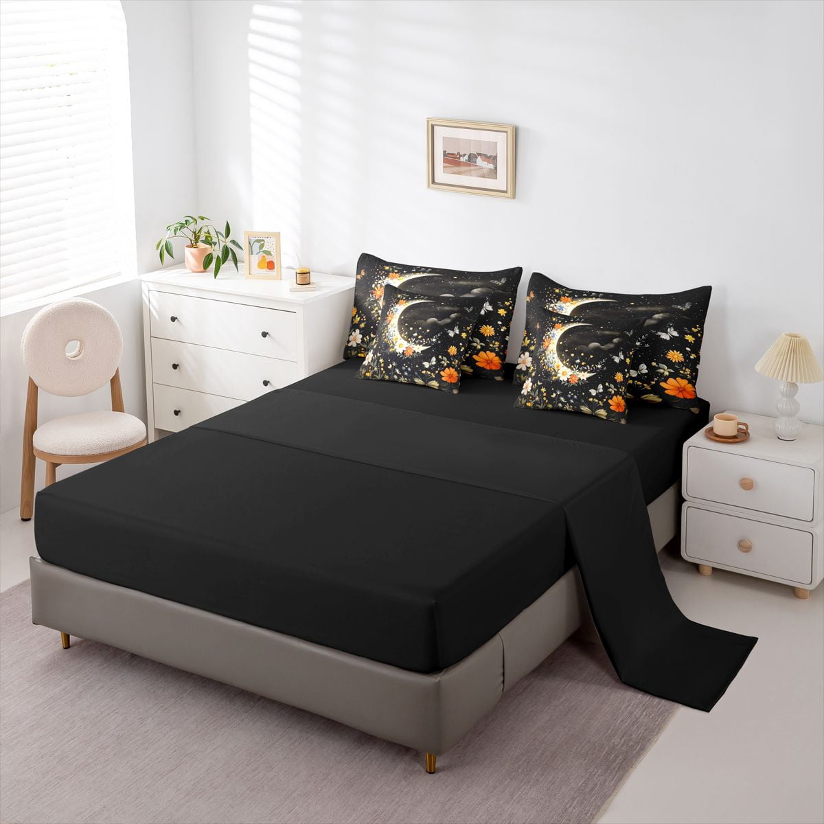 Homewish Chic Flowers 7-Piece Twin Bedding Sets For Teens Boys Girls,Floral Butterflies Bedding Comforter Set,Starry Sky Moon Breathable Sheet Sets,Luxury Bedroom Decor,Reversible