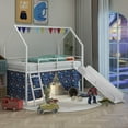 thumbnail image 2 of Bellemave Twin Loft Bed with Slide, Metal Junior House Bed with Curtain Set, Low Loft Beds Frame with Pennant Banner Flag and Star Stickers（White+Blue）, 2 of 9
