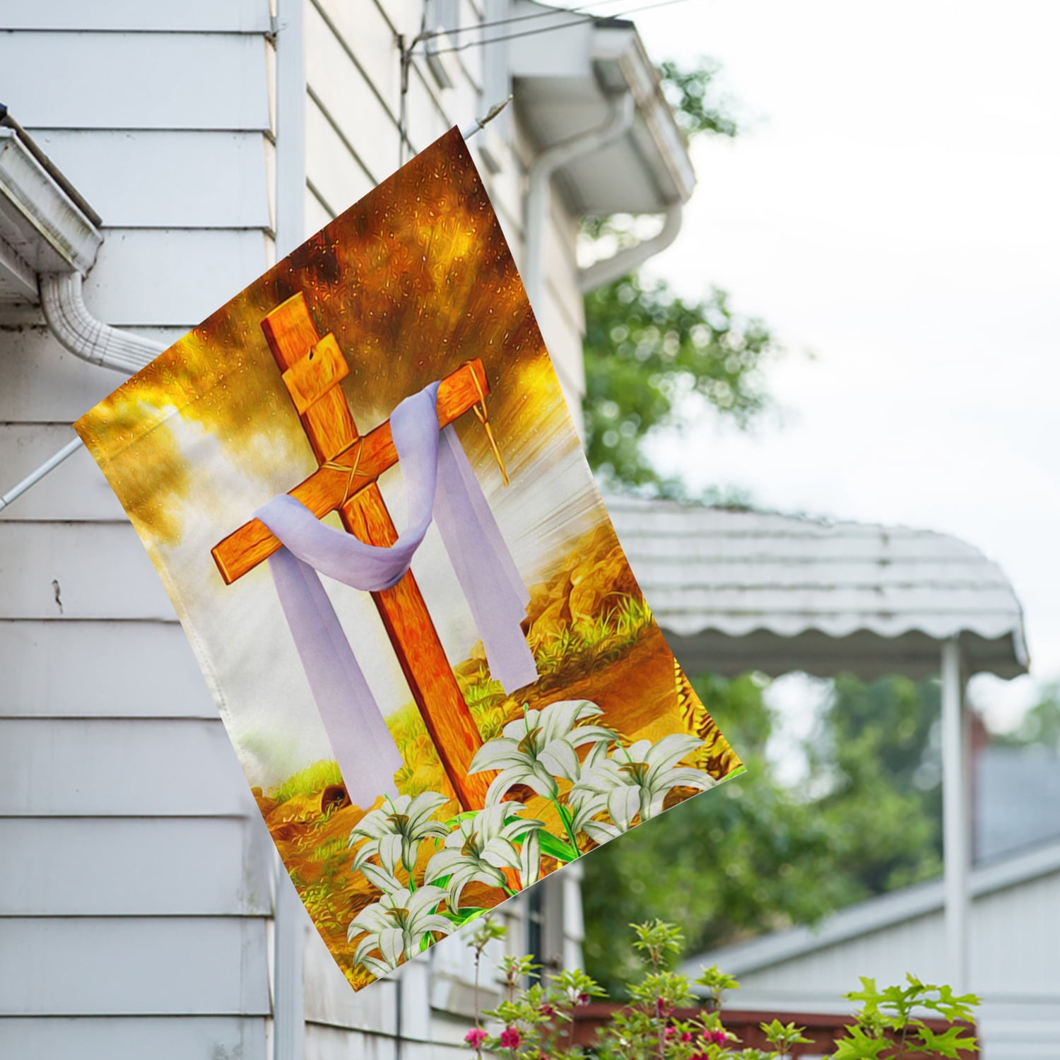 America Forever Easter Cross House Flag 28 x 40 inch Double Sided He is Risen Religious Lilies Floral Flower Farmhouse Small Spring Holiday Seasonal Easter Day Flags for Outdoor Yard Lawn Decoration