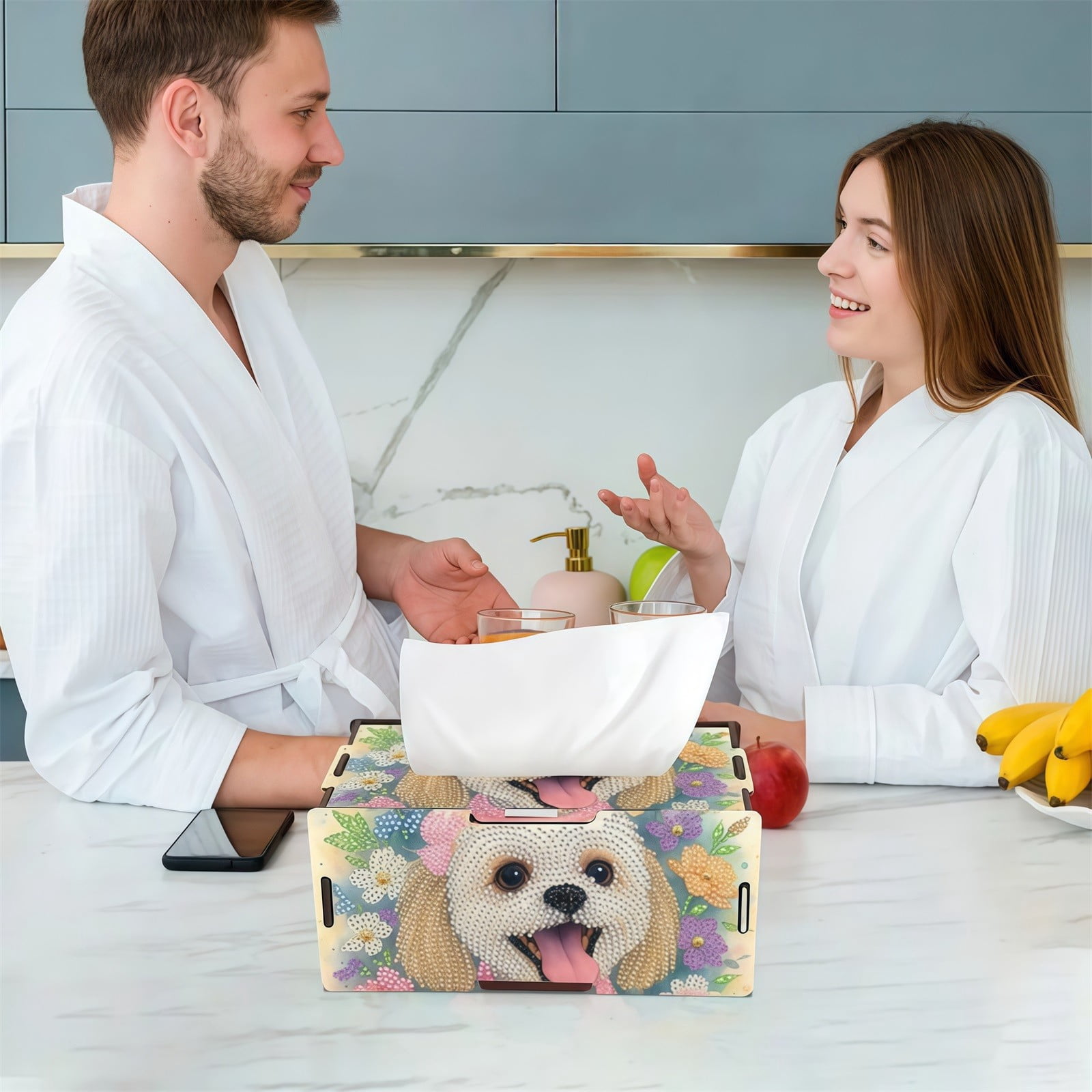 FLOPESN DIY Diamond Art Painting Wooden Assembly Paper Box, 8.86*5.31in, Creative Design Table Decor Rectangular Paper Towel Storage Box-Puppy