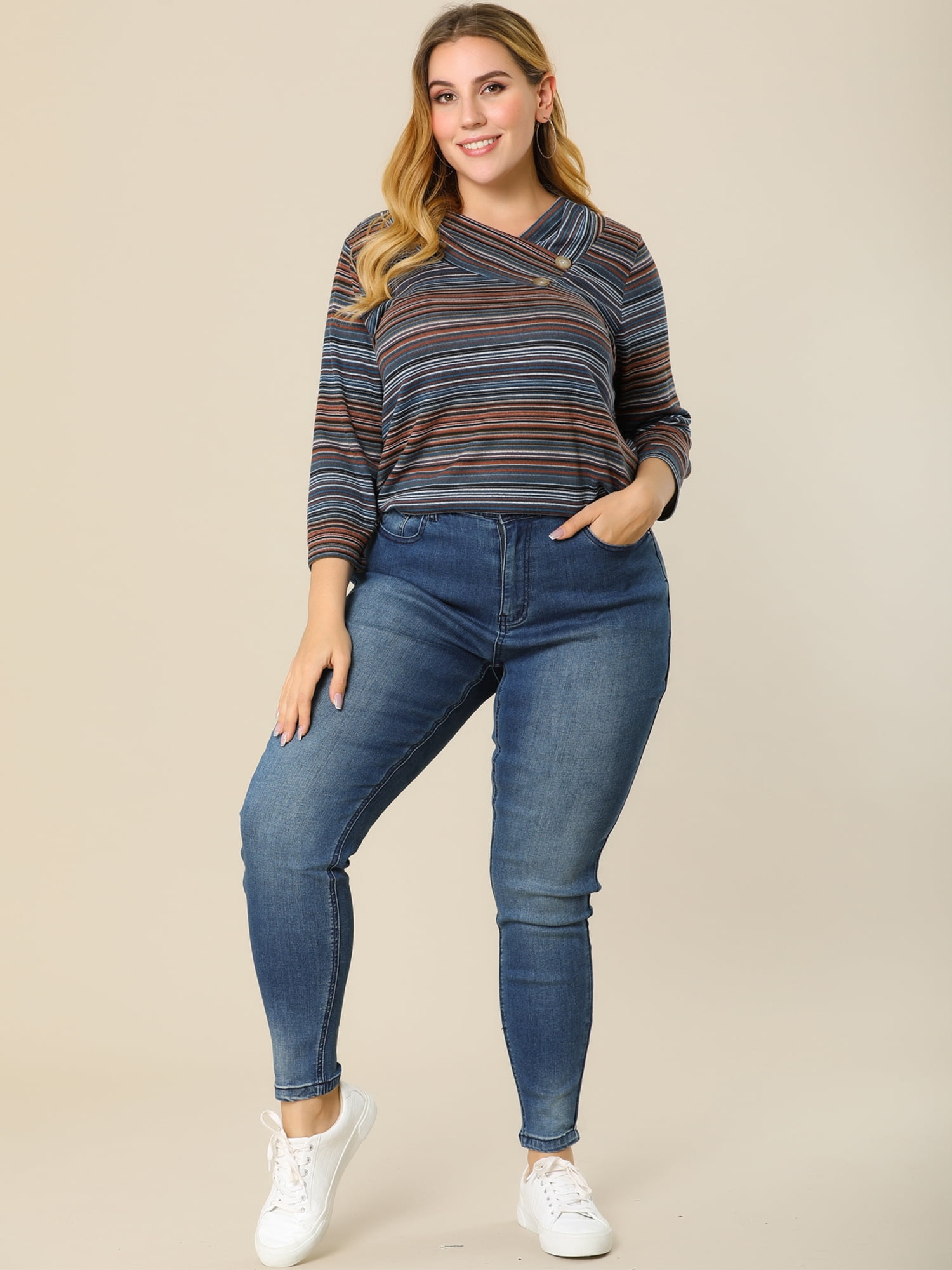 DARING DIVA Women's Plus Tunic Top V Neck Stripe Boho Knit Blouse L Blue