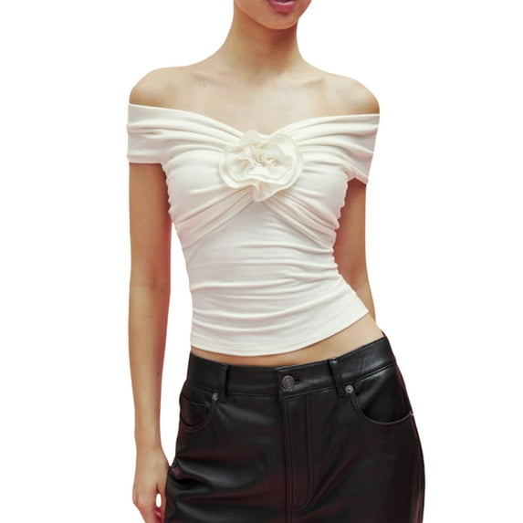 Douhoow 3D Flower Tank Top for Women Slim Fit T-Shirts Short Sleeve Off Shoulder Crop Top